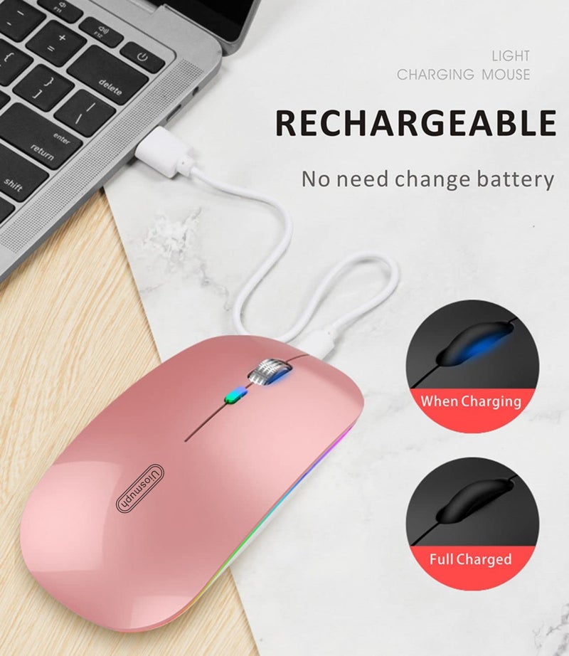Uiosmuph LED Wireless Mouse, G12 Slim Rechargeable Silent Mouse, 2.4G Portable USB Optical Wireless Computer Mice with USB Receiver and Type C Adapter (Rose Gold) - Image 3